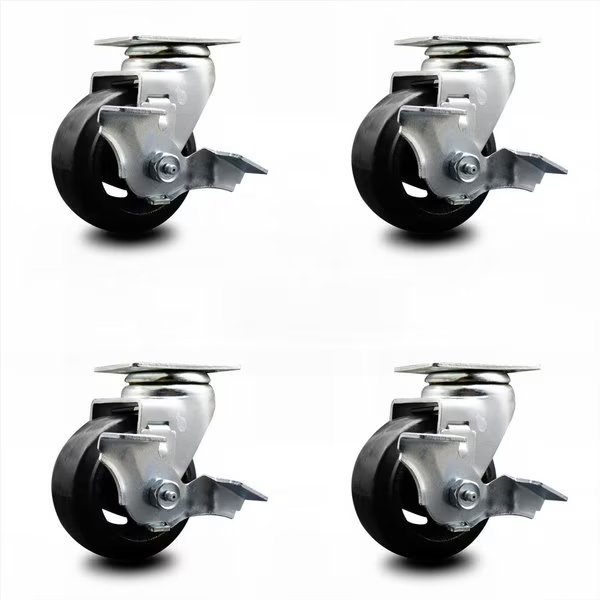 4 Inch Rubber on Cast Iron Swivel Caster Set with Ball Bearings and Brakes, Service Caster, Mfr#: SCC-20S420-RSB-TLB-4